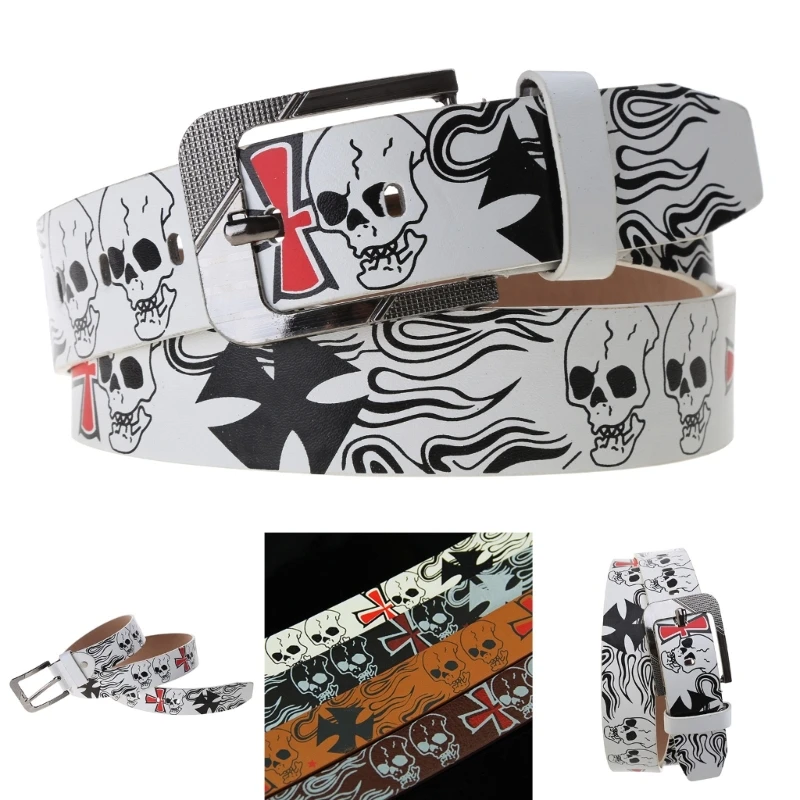 Skull Print Belt for Men Women Decorative Belt for Pants Shorts PU Wide Belts