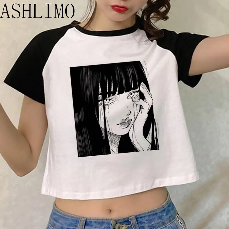 

New Anime Ito Junji T-shirt Women Harajuku Kawaii Korea Casual Kawaii Crop Tops Y2K T-shirt White Patchwork T Shirt