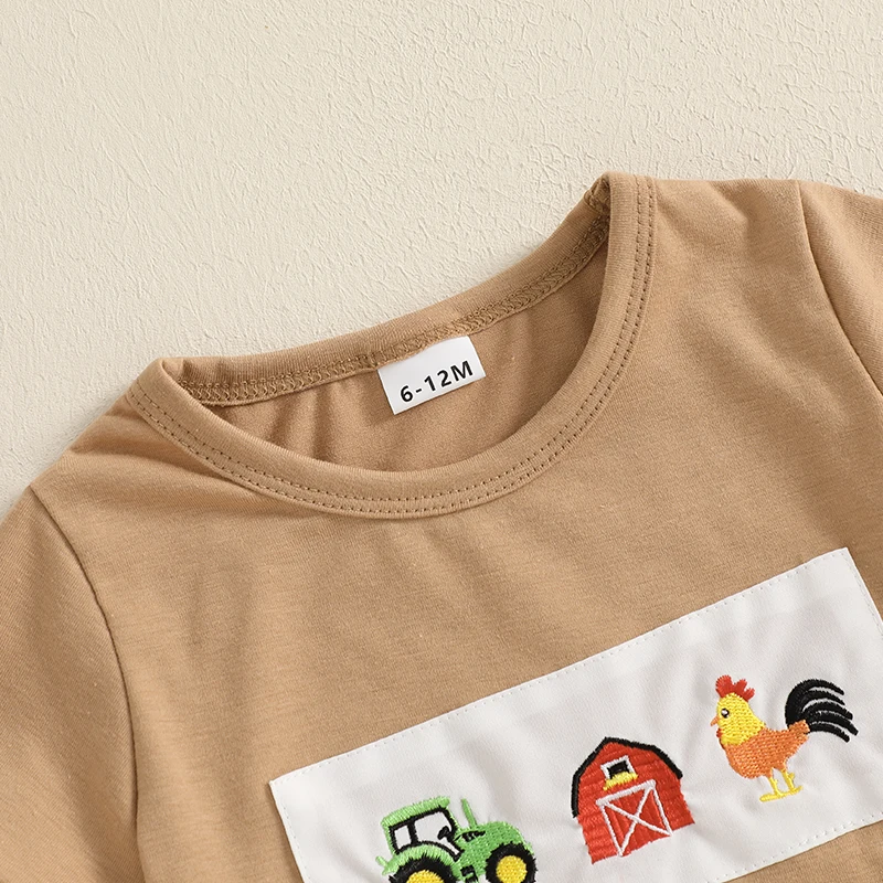 Vintage Toddler Kids Boy Summer Clothing Outfits Animal Embroidery Round Neck Short Sleeve T-shirts with Striped Shorts Outfits, kids clothing set