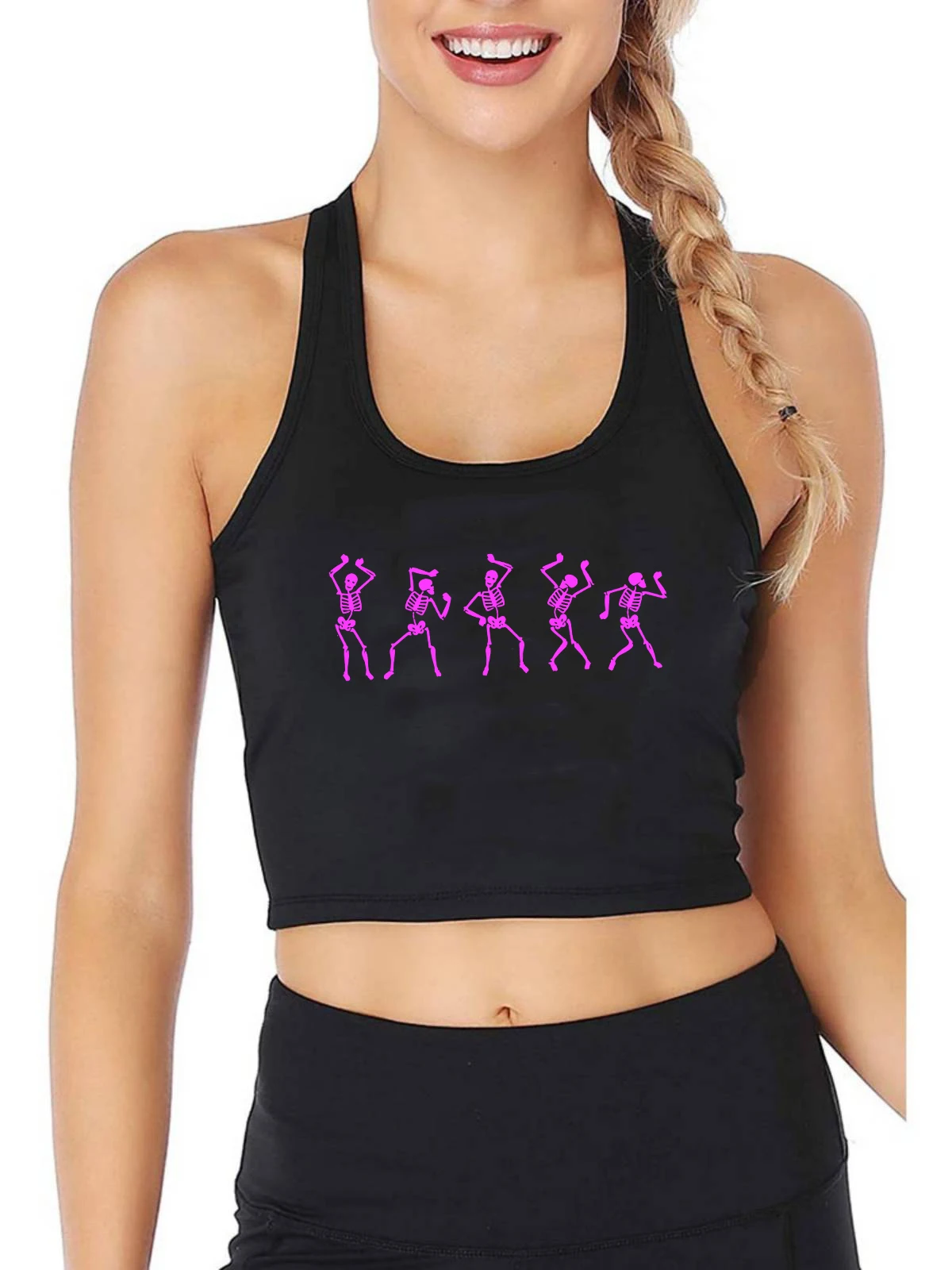 

Pink Spooky Dancing Skeletons Design Tank Tops Women's Personality Trend Sexy Breathable Crop Top Gym Training Camisole