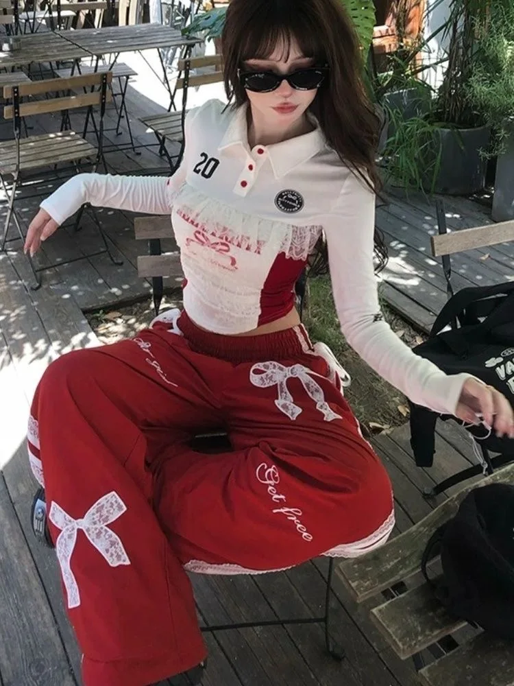 Y2K New Hot Girl Style Skirt Suit Bow Trousers Fashion Sexy Two Piece Lace Design Street Harajuku Mini Skirt Polo Long Sleeves 5