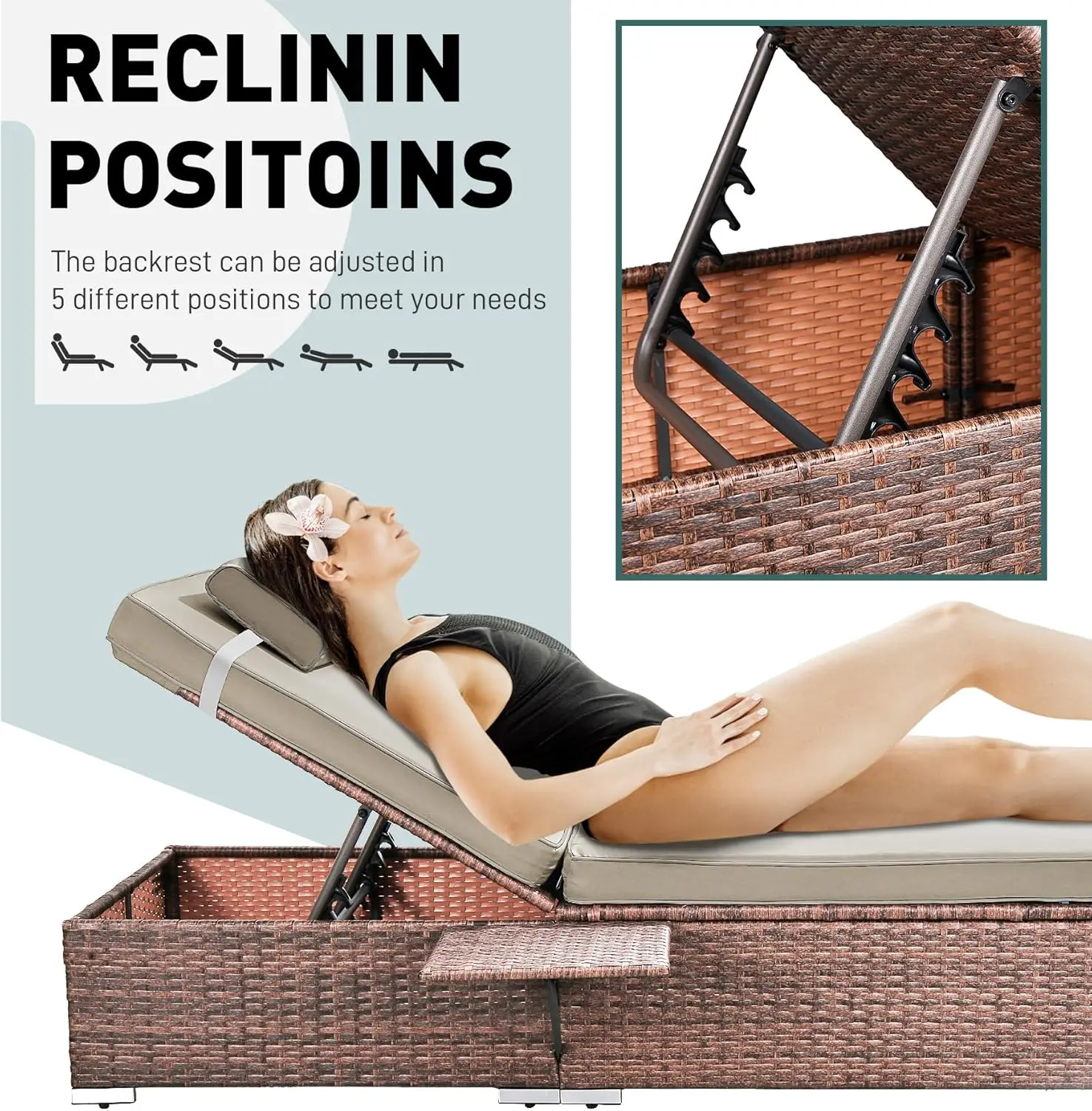 2-Pc PE Wicker Lounge Set w/Cup Holder & Adjustable Backrest, Brown Rattan for Poolside/Deck/Beach (Beige Cushions)