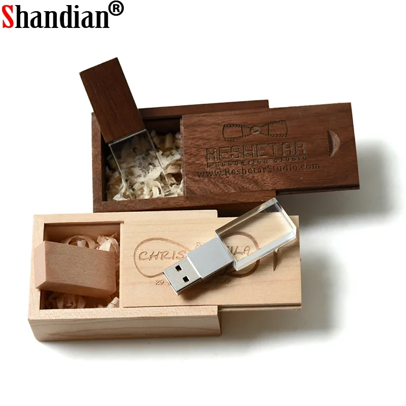 Shandian-flash Drive de Madeira de Cristal Memory Stick Usb 2.0 Pen Drive u Disk 8gb 16gb 32gb 64gb Presente de Casamento - Imagem 3