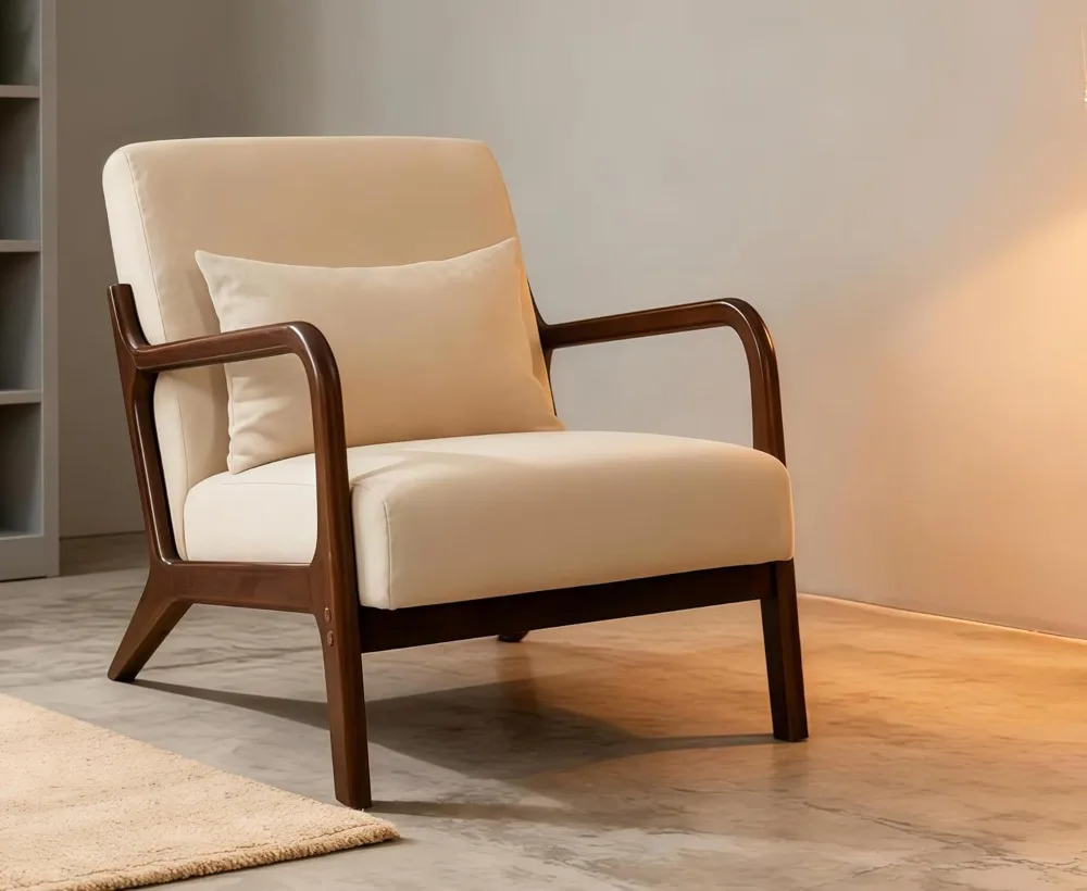 Modern Accent Chair, Cotton Linen Upholstered Lounge Armchair with Solid Wood Frame for Living Room