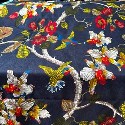 Elegant Floral and Bird Patterned Linen - Cotton Fabric for DIY Projects and Home Decor (Navy Blue)