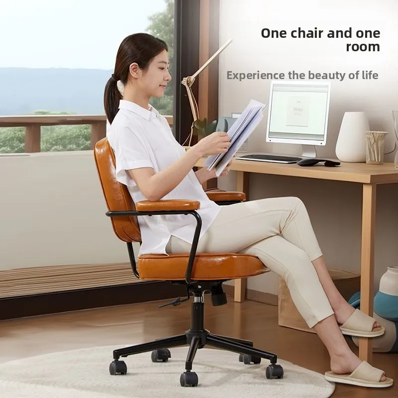 Vintage Leather Office Chair Ergonomic Bedroom Computer Comfortable Long Sitting Desk with Backrest Home Study Seat Retro Design