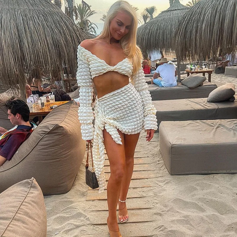 

2 Two Piece Set Club Outfit For Women Autumn Sexy Solid 2023 Long Sleeve Crop Top And Mini Skirt Set Female Matching Set