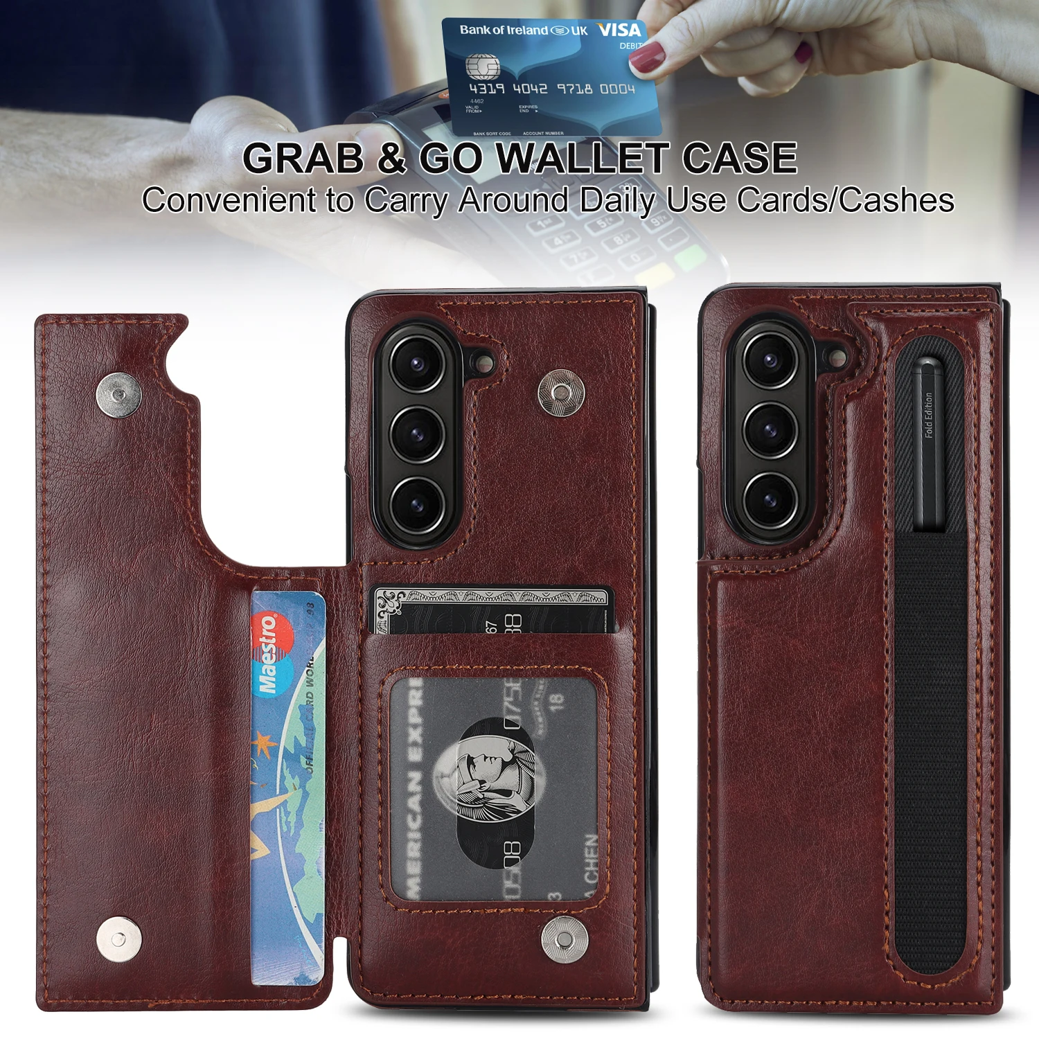 Leather Wallet Phone Case with Card Holder and Double Buckle, Pen Slot, Protective Design