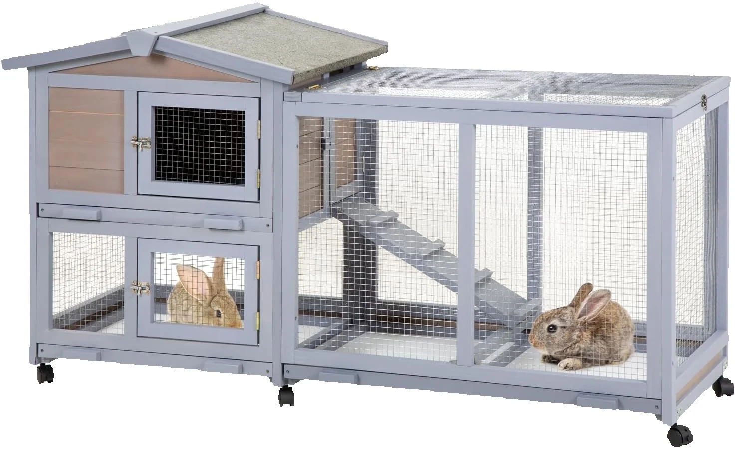 Wooden rabbit hutch with two levels and waterproof roof - front view