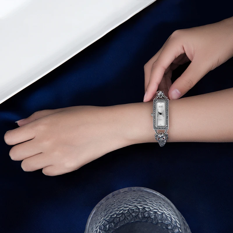 YYSUNNY Women's Vintage Rectangle Wrist Watch S925 Sterling Silver Two Leopards Bracelet Fashion Jewelry Birthday Party Gift