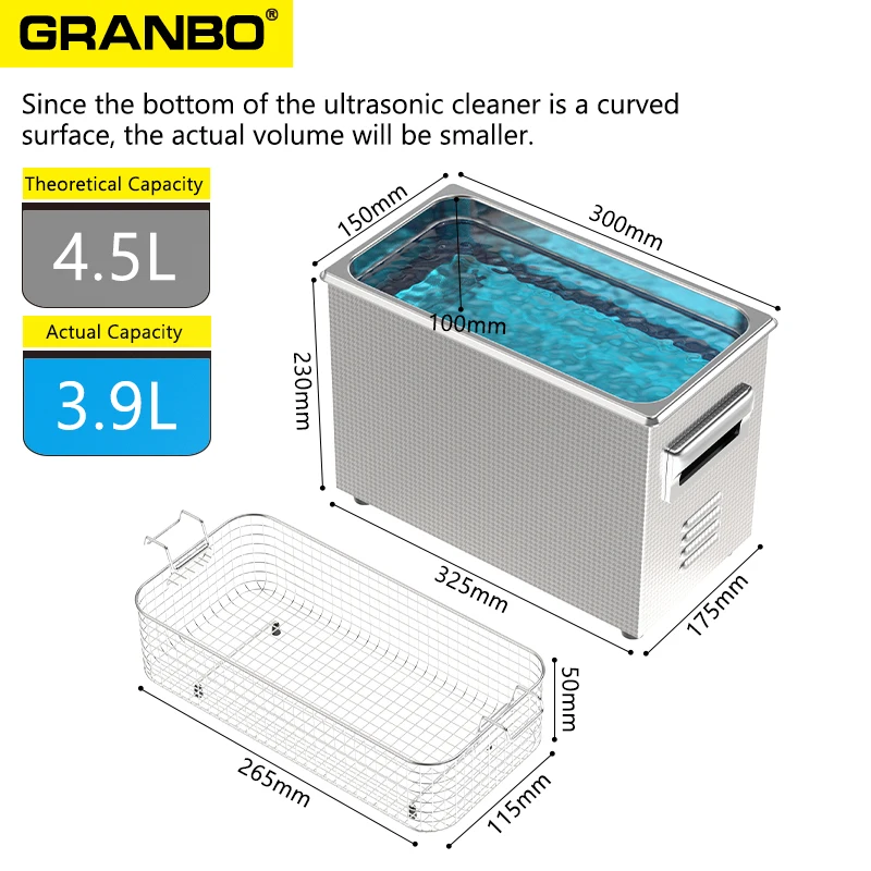Granbo 초음파 클리너, 자동차 부품, 연료 깍지, 실험실 청소 도구, 4.5L, 180W