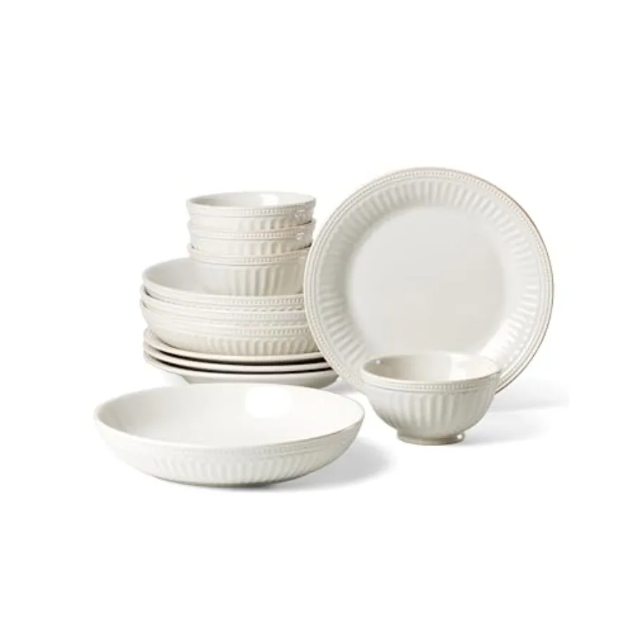 French Perle Groove 12-Piece Dinnerware Set Service For 4 White Ceramic Elegant Design Durable and Microwave Safe