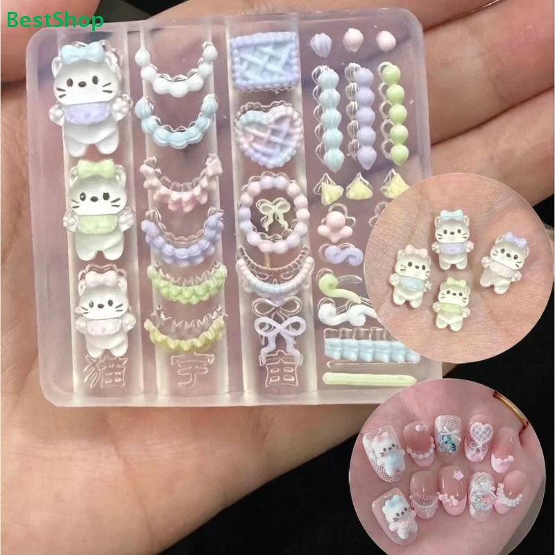 ? 3D 릴리프 크림 레이스 고양이 실리콘 네일 아트 몰드 DIY 네일 장식 투명 매니큐어 템플릿