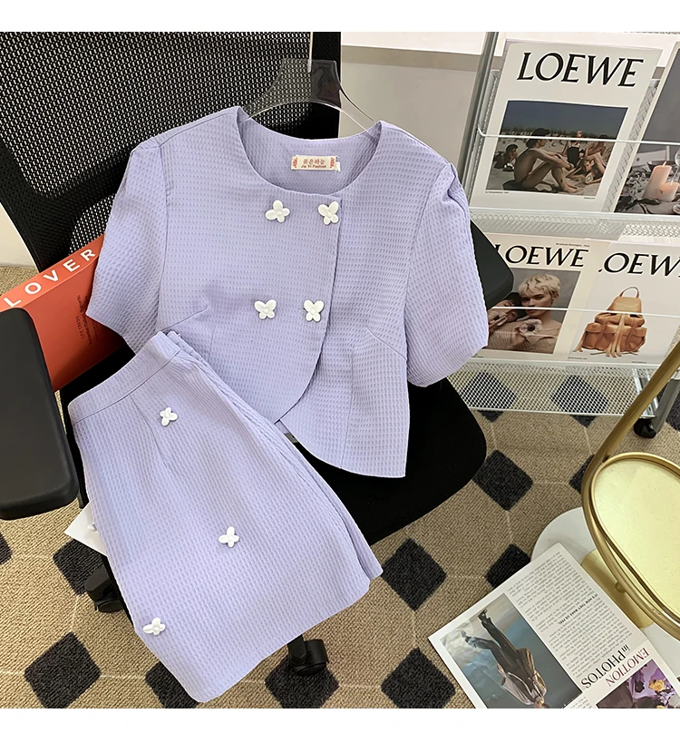 

Женский однотонный костюм BULOCHOVA, милый летний костюм из двух предметов, двубортный короткий топ и мини-юбка с высокой талией