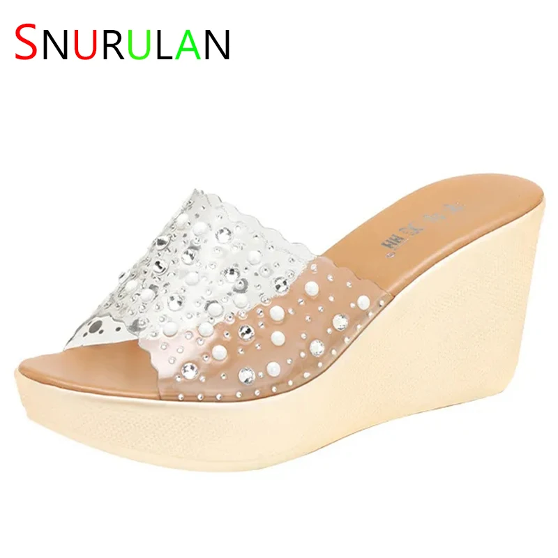 

8cm Small Size 32-43 Gold Rhinestone Transparent Slippers Summer Platform Shoes 2023 Women's Wedges Slides for Office Mom Beach