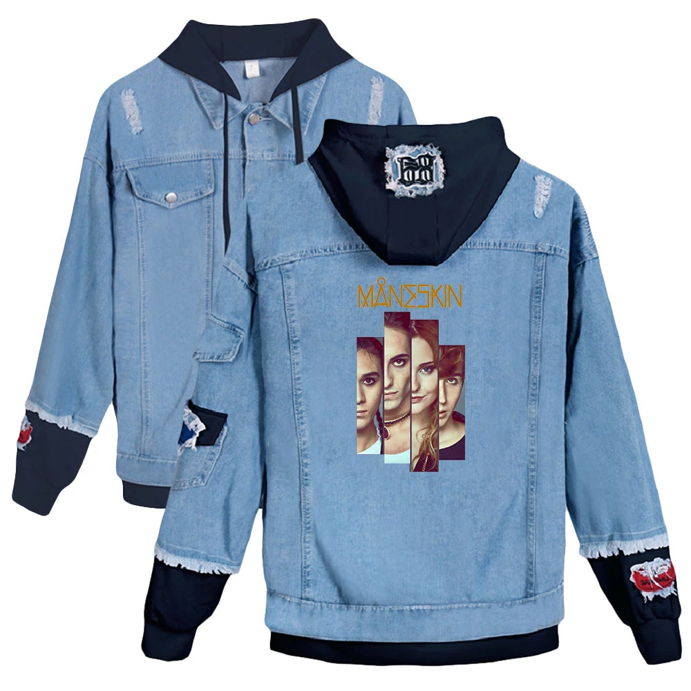 Maneskin print autumn and winter Holiday Preppy Style Men/Women Street clothes Denim HIP HOP Streetwear Hooded fleece