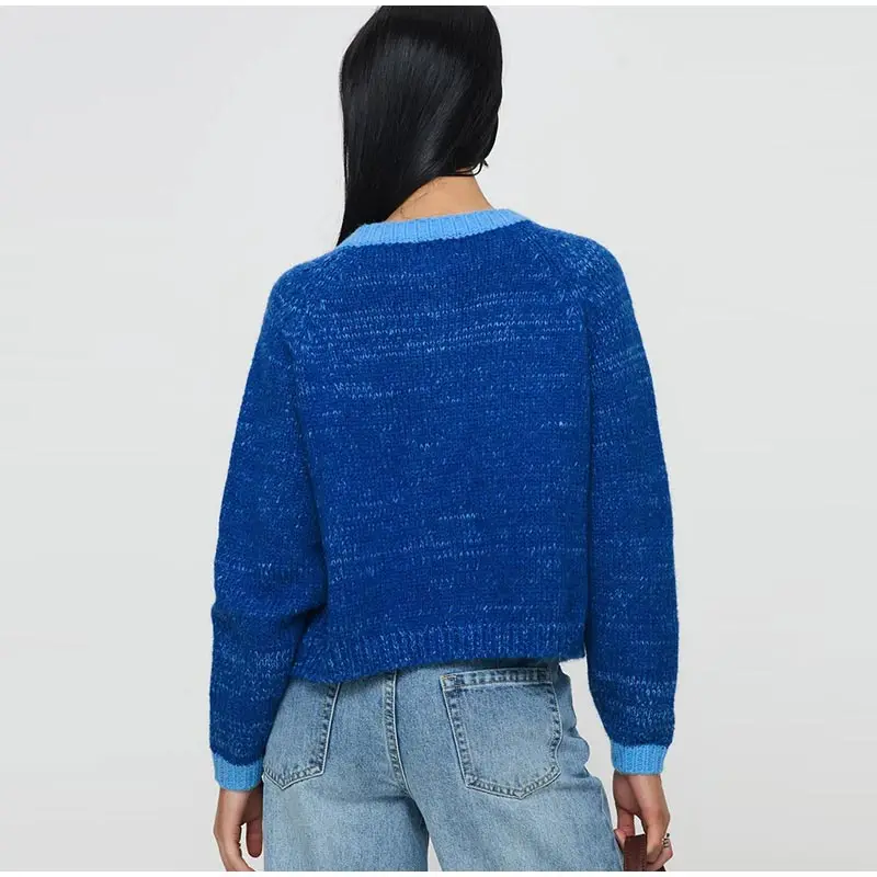 Casual Knitted Single-Breasted Cardigan Women Loose Contrast Color O-neck Pullover Sweaters Female Autumn Chic Street Tops