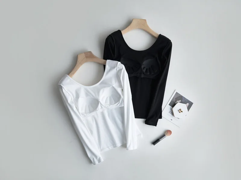 Einteilige Nachtwäsche zum Schlafen, lässig, langärmelig, Baumwolle, Pyjama, Oberteil, Brustpolster, Frühling und Herbst, T-Shirt mit Bodenbildung – Detail 1