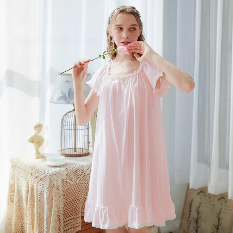 Summer Short Sleeves Round Neck Solid Nightdress Plus Size Cotton Loose Nightie Princess Sweet Bow Decoration Nightgowns Dresses