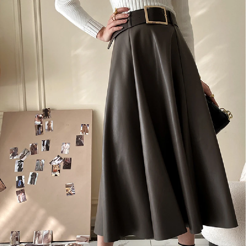 crop top and skirt Women High Waist Skirt Solid Elegant Streetwear Pu Leather A-Line Skirt Ladies Harajuku Casual Vintage Zipper Skirts Female ruffle skirt