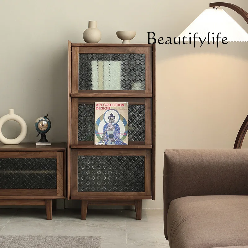 

American-Style Black Walnut Wooden Bookcase Household Floor Glass Three-Door Chest of Drawers