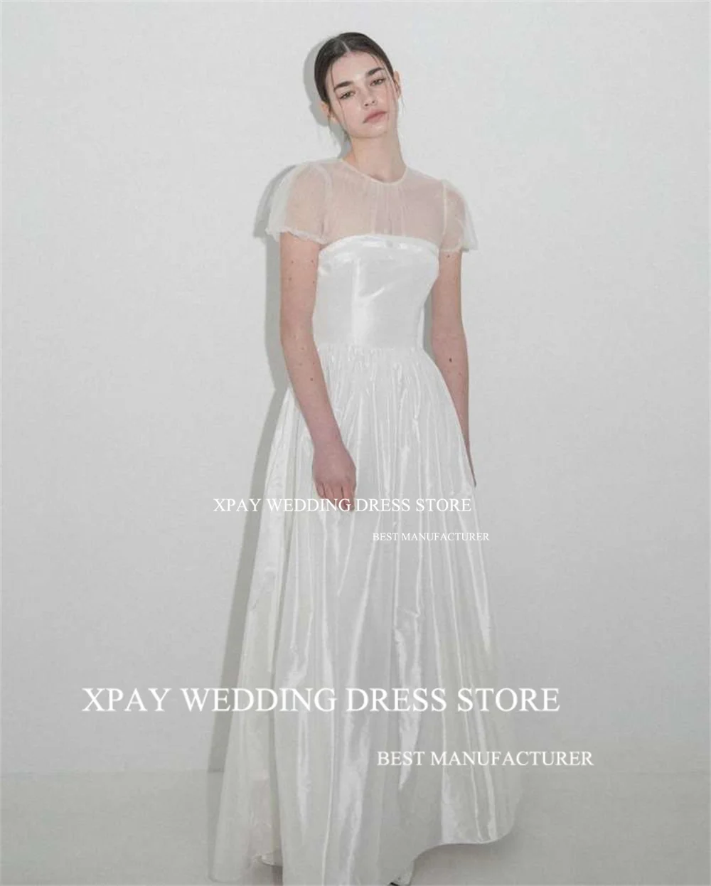 XPAY Illusion O Neck Korea Wedding Dresses Satin Sleeveless Backless Bridal Gown Short Sleeve A Line Bride Dress Photos Shoot 4