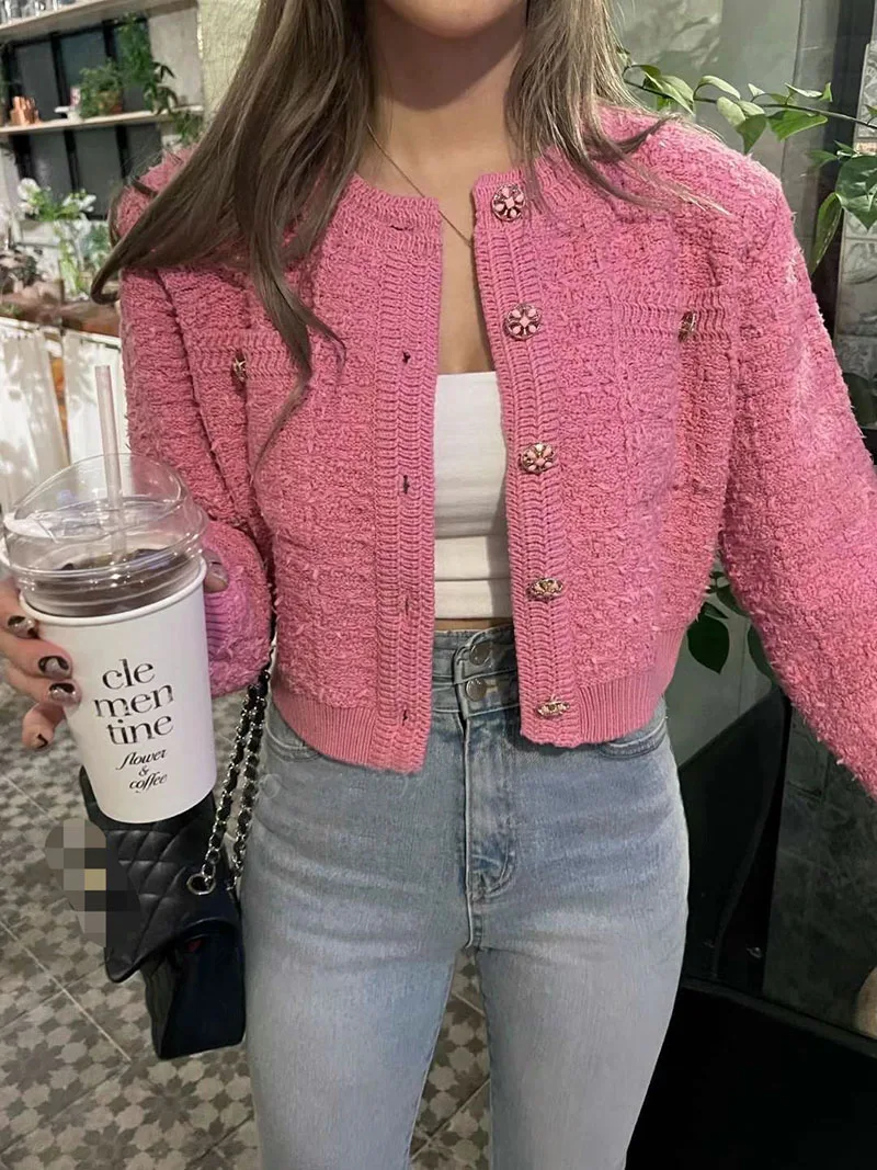 Zoki Sweet Women Vintage Cardigan Sweaters American Casual Long Sleeve O Neck Tops Fall Retro Female Single Breasted Cardigan
