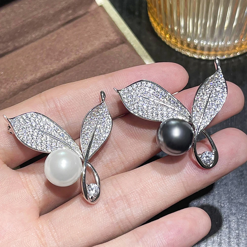 2022 New Arrival 100% 925 Sterling Silver 12mm White Black Pearl Brooch for  Women Luxury Lab Diamond Wedding Jewelry Female Gift