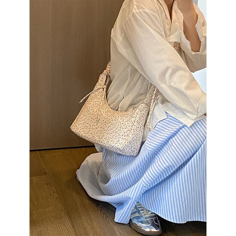 JIAERDI Fairycore Floral Canvas Shoulder Bags Women Summer Harajuku Drawstring Casual Handbag Female Sweet Messenger Bag Y2k