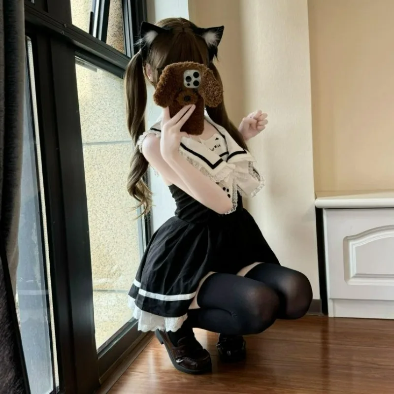 Gothic Y2k lolita mini dress Japanese women preppy style sailor collar bow cat print party dresses kawaii sweet princess dresses