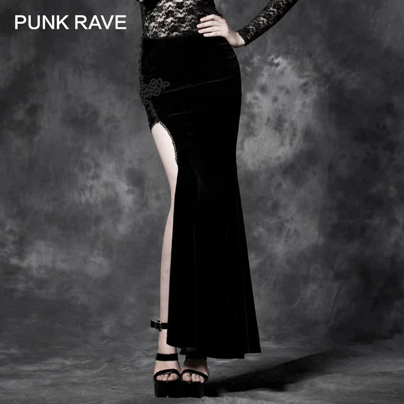 

PUNK RAVE Gothic Style Sexy Split Black Asymmetric Punk Cheongsam Velvet Embroidery Long Maxi Skirt