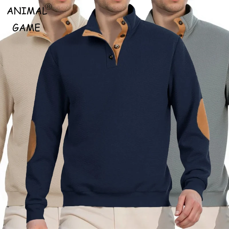 Autumn Men's Jacquard Sweatshirt Long Sleeve Patchwork Stand Casual Male Pullovers Fashion Streetwear Button HeavyWeight Outwear