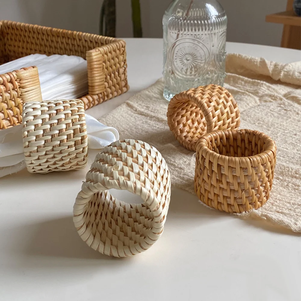 Napkin Ring Handmade Woven Rustic Natural Napkin Holder Wooden Rattan Buckle Restaurant Home Party Table Decoration
