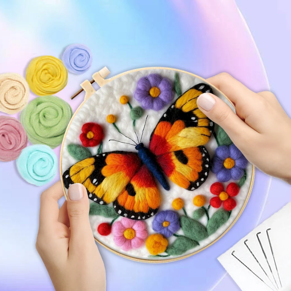 Wool Felting Kit 20x20cm Frame with Butterfly Needle Felting Painting for Beginner