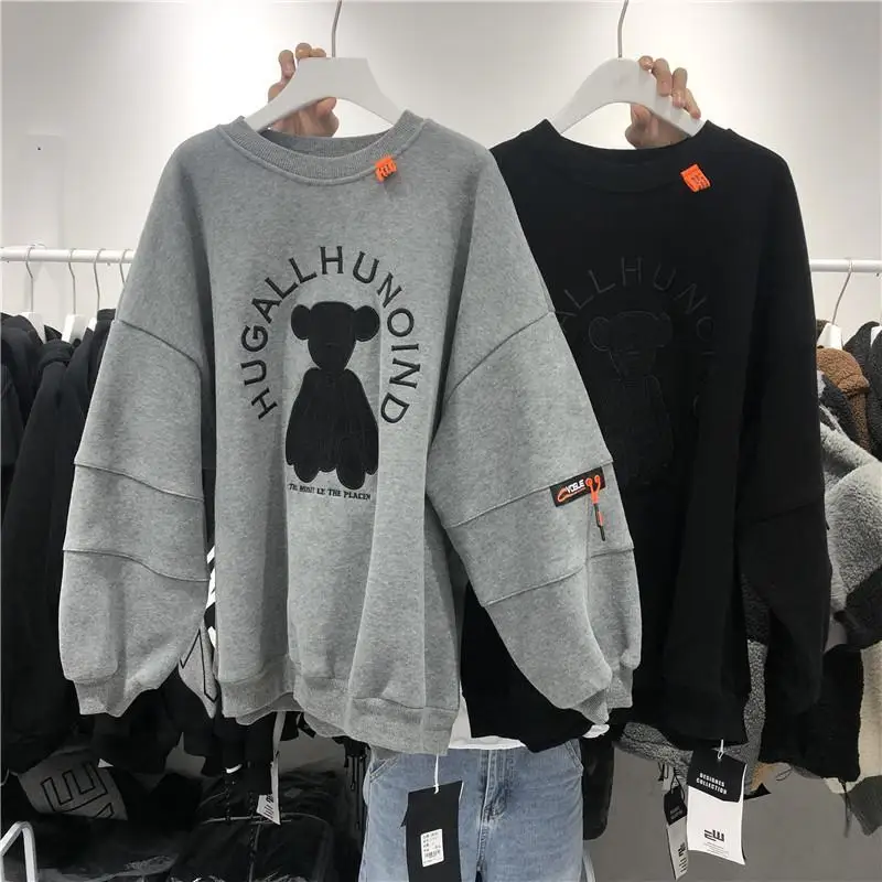 Hoodie Women Autumn Bear Printed Patchwork Designer Clothes Fleece Lined Loose Oversize Clothes Women Crewneck Top Pullover
