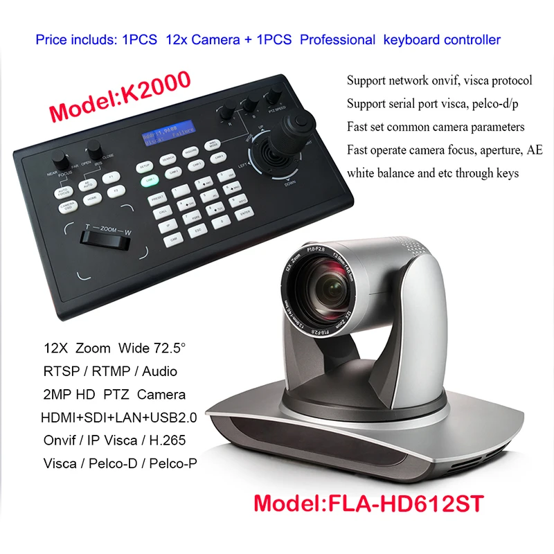 3G-SDI 방송 컬러 화상 회의 팬 틸트 줌 VISCA 카메라, 12x 라이브 스트리밍 웹 IP + 원격 컨트롤러 키보드