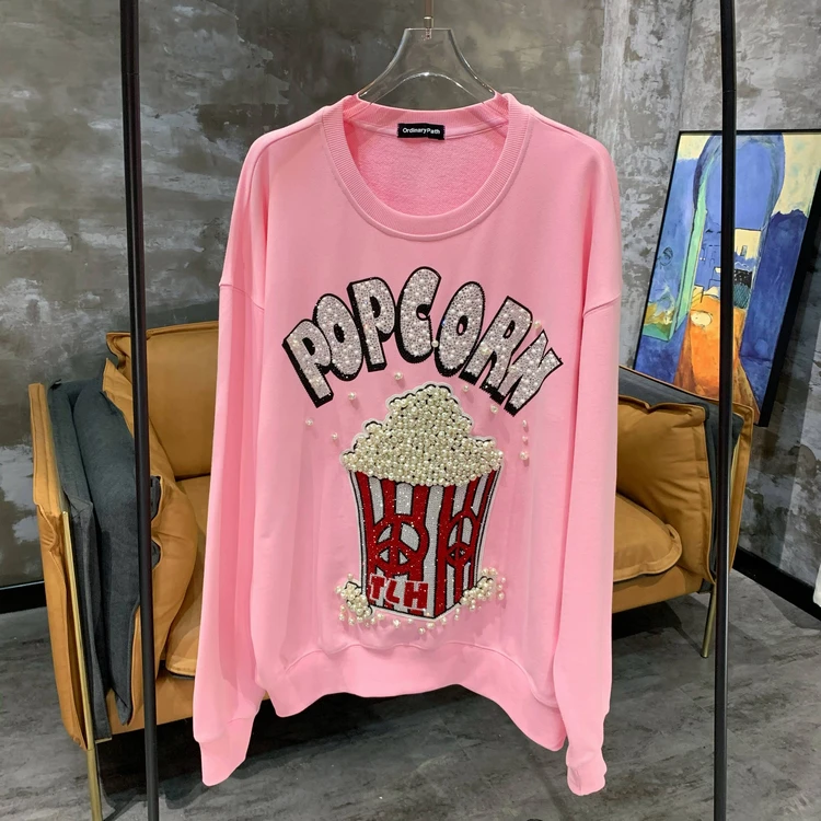 New Fashion Autumn Women Clothes Trendy Pearl Rhinestone Popcorn Long Sleeve Pink Sweatshirt O-neck Age Reducing Hoodie Tops pink football handbag fashion rhinestone bag diamond dinner handheld bag diamond handheld ball bag unique handbag