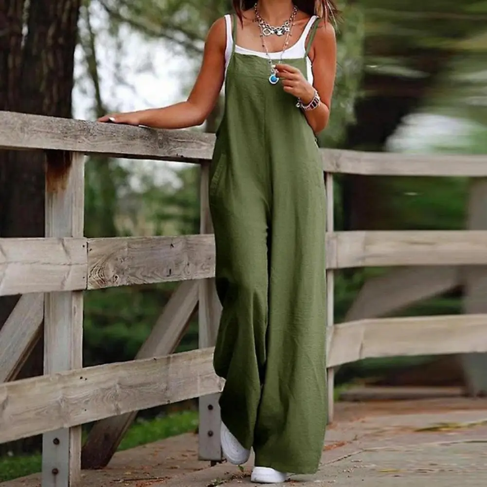 

Women Summer Jumpsuit Backless Sleeveless Spaghetti Strap Casual Jumpsuit Wide Leg Loose Deep Crotch Pockets Lady Jumpsuit