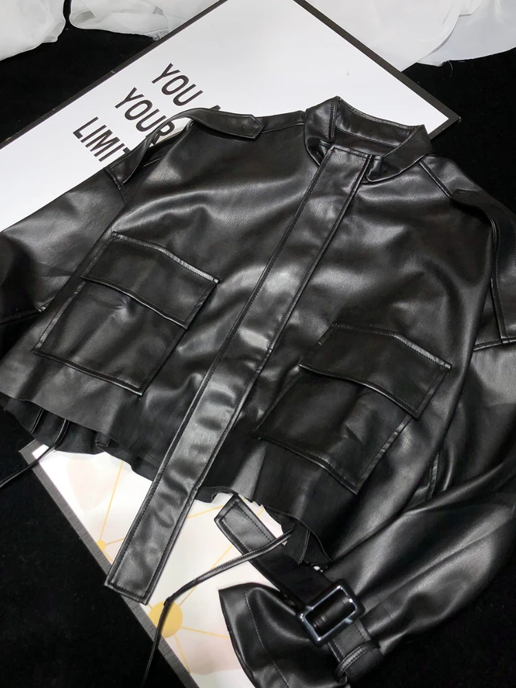 

FTLZZ New Spring Autumn Women Streetwear Casual Motorcycle Pu Coat Lady Fashion Loose Big Pockets Faux Leather Short Jacket