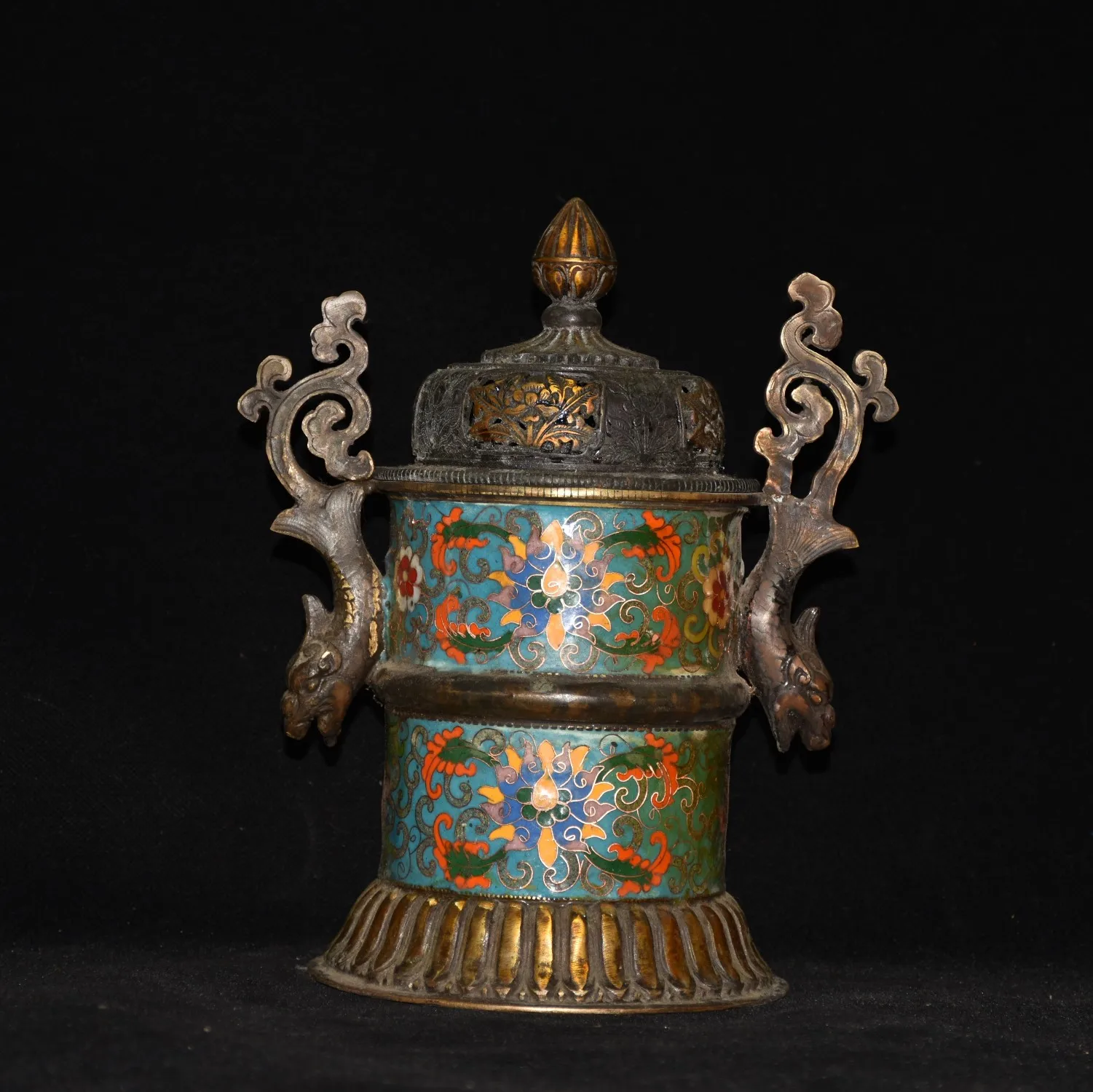 

10"Tibetan Temple Collection Old Bronze Cloisonne Floral Texture Dragon Statue Ear Can shape incense burner Worship Hall