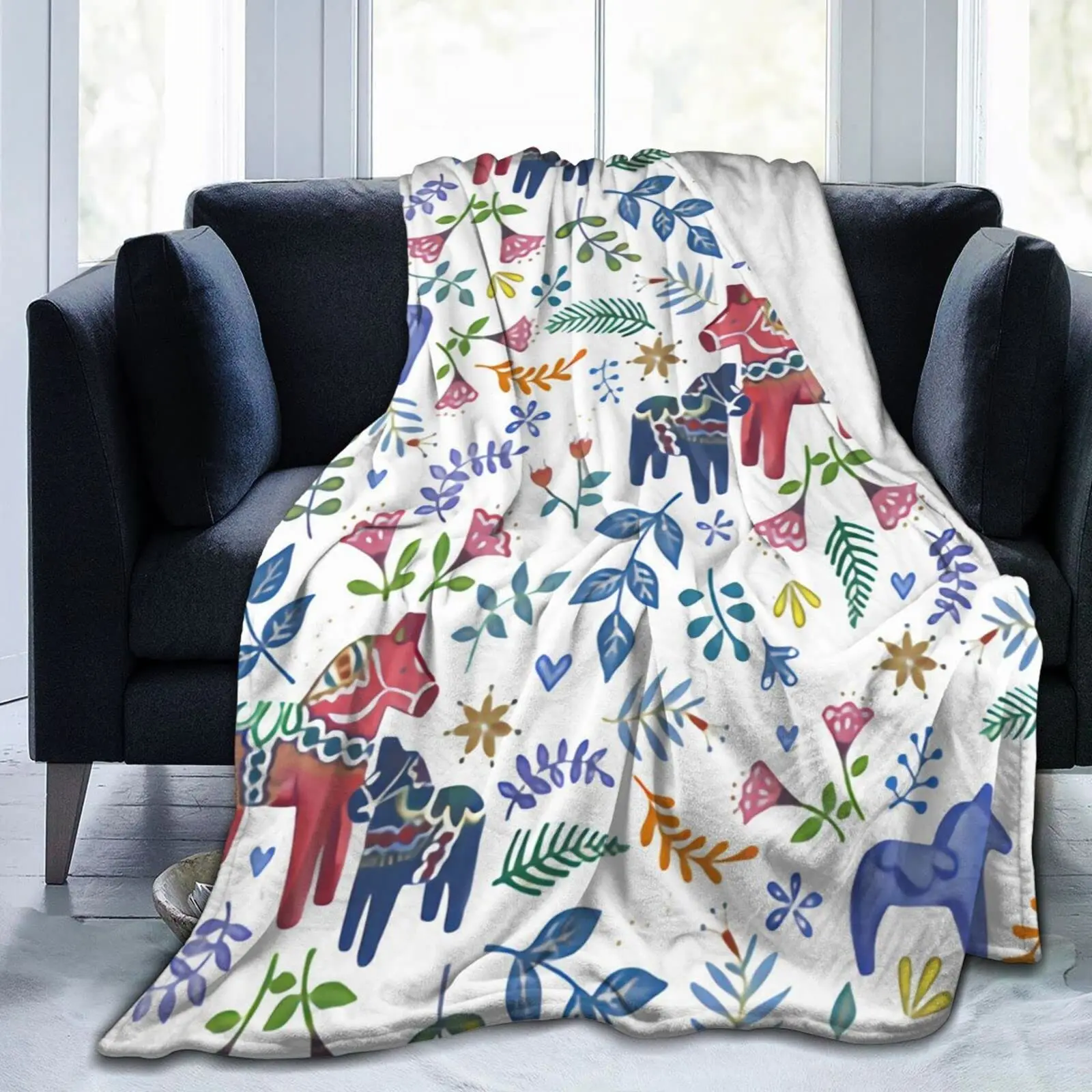 Flannel Fleece Throw Blanket for Couch, Floral Swedish Dala Horses
