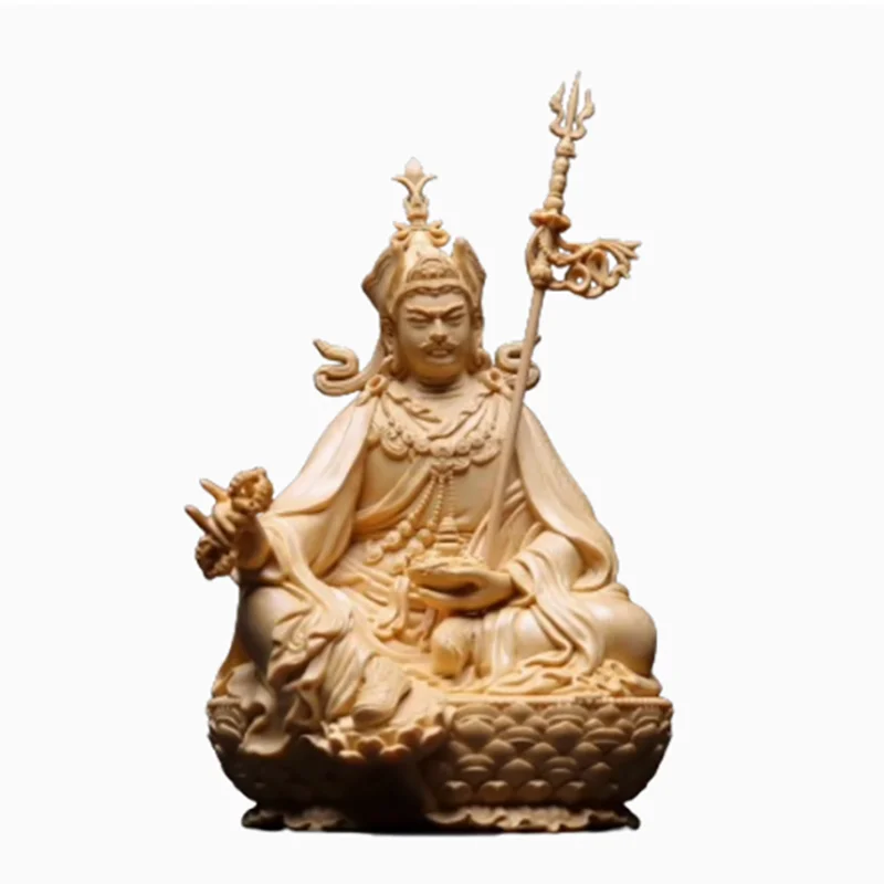 Wood Carved Padmasambhava Statue Guru Rinpoche Tibetan Buddhism Sculpture for Home or Shrine Decor