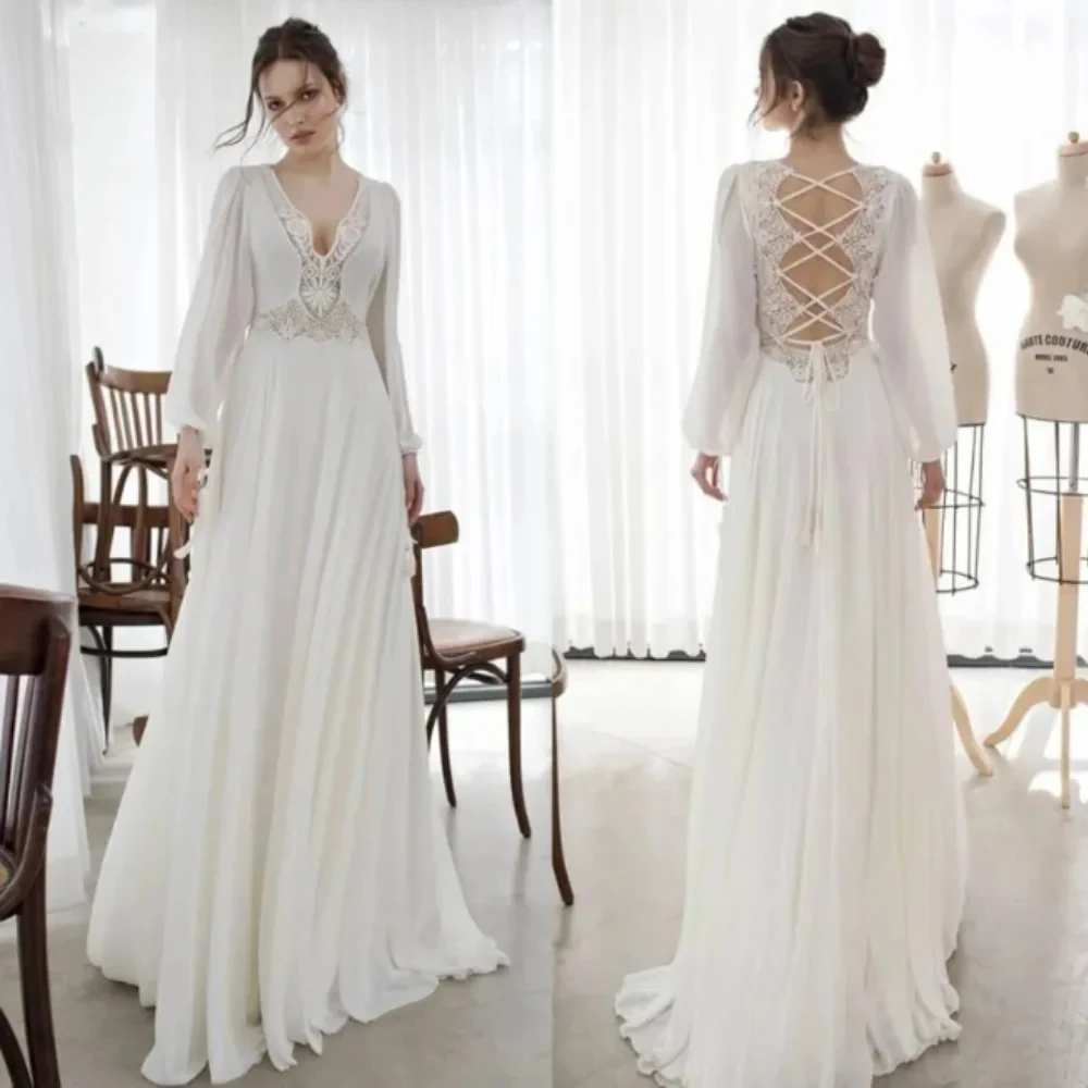 

EVON BRIDAL Simple Long Sleeves Modest Sweetheart Wedding Dresses for Women Floor Length Backless Chiffon Mermaid Prom Dresses