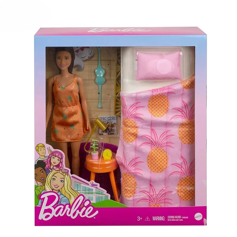 원래 바비 인형 침실 Playset 장난감 소녀 생활 실내 가구 장난감 조합 인형 잠옷 액세서리 착용