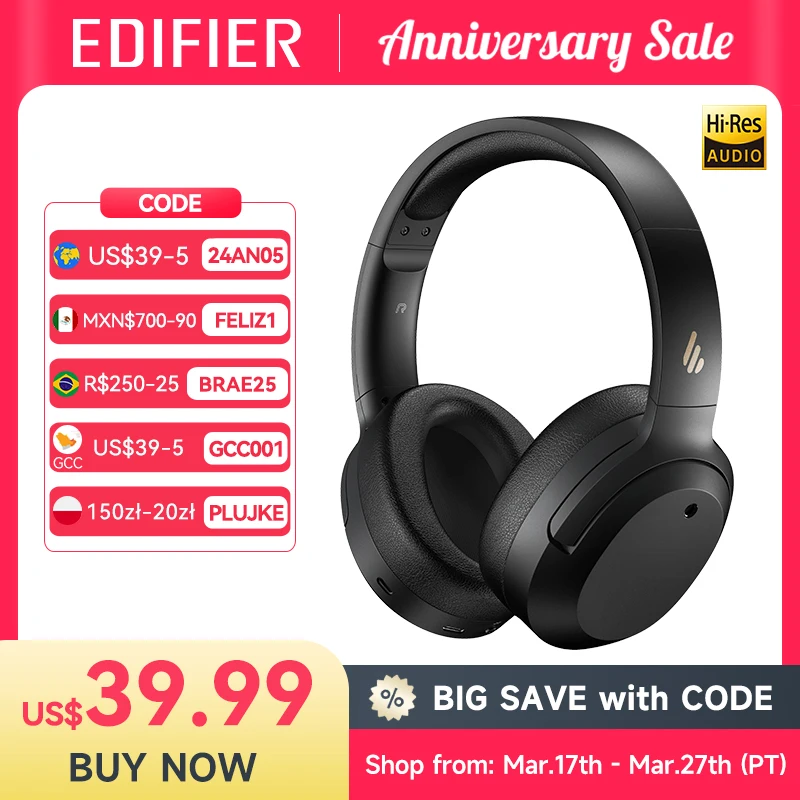 

EDIFIER W820NB ANC Wireless Headphones Bluetooth Headsets Hi-Res Audio Bluetooth 5.0 40mm Driver Type-C Fast Charge Hybrid ANC