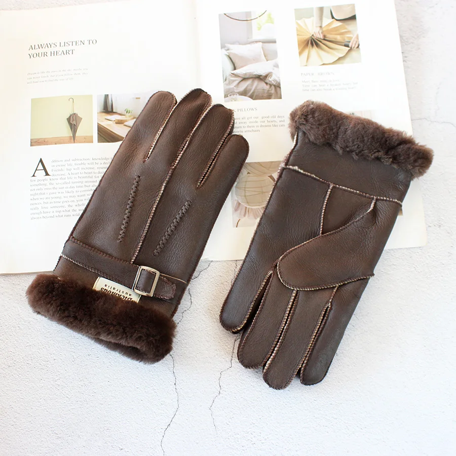 Sheepskin Fur Gloves Men Leather Thick Winter Warm Outdoor Wind and Cold Handmade Sewing Finger New Bickmods Brand