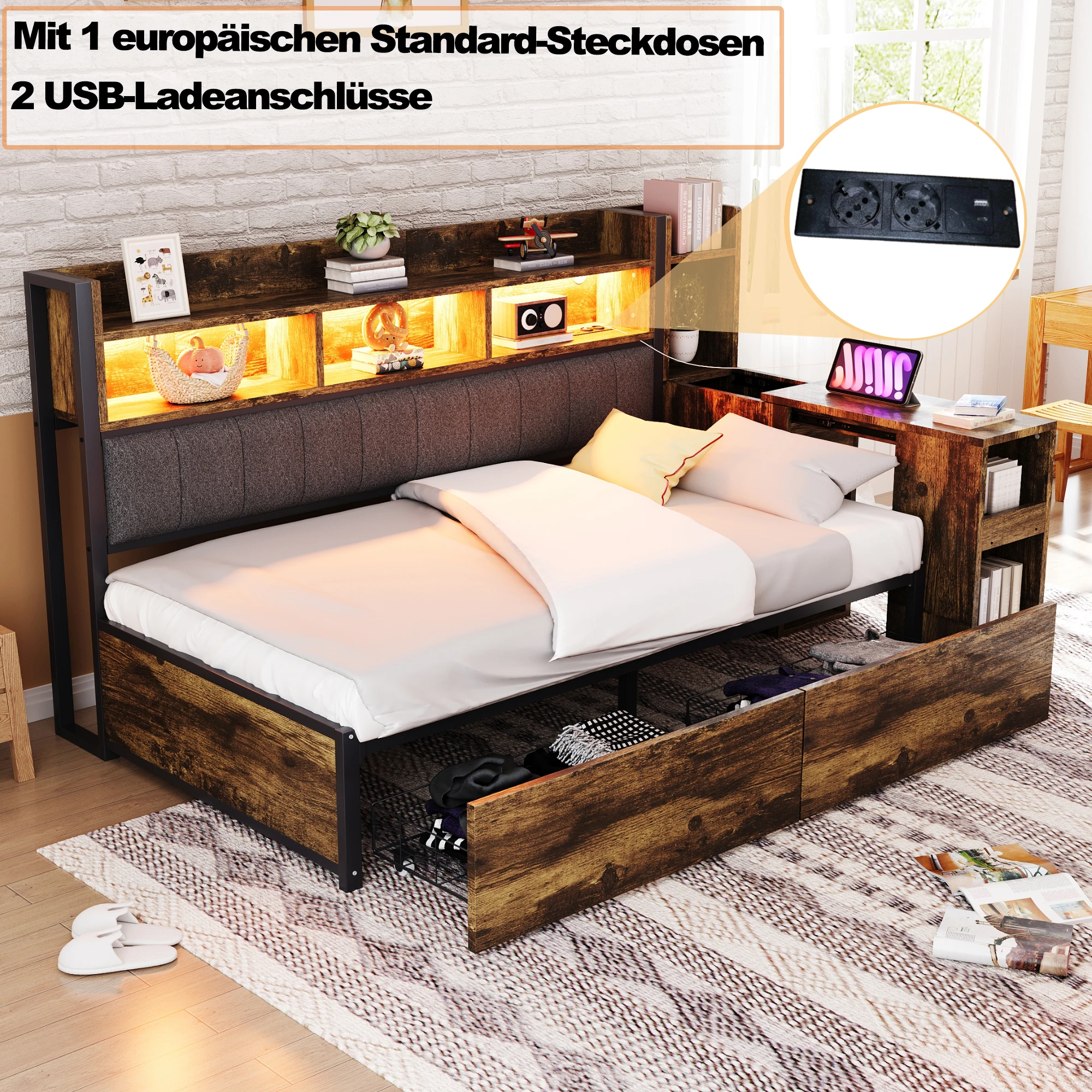 KOMHTOM Sofabett Schließfächern großen Schubladen ausziehbarem Schreibtisch multifunktionalen Steckdosen und LED Beleuchtung – Detail 7