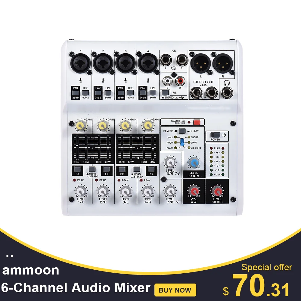 

ammoon 6-Channel Audio Mixer Digital Mixing Console Built-in 48V Phantom Power Powered by 5V Power Bank with Adapter USB Cables