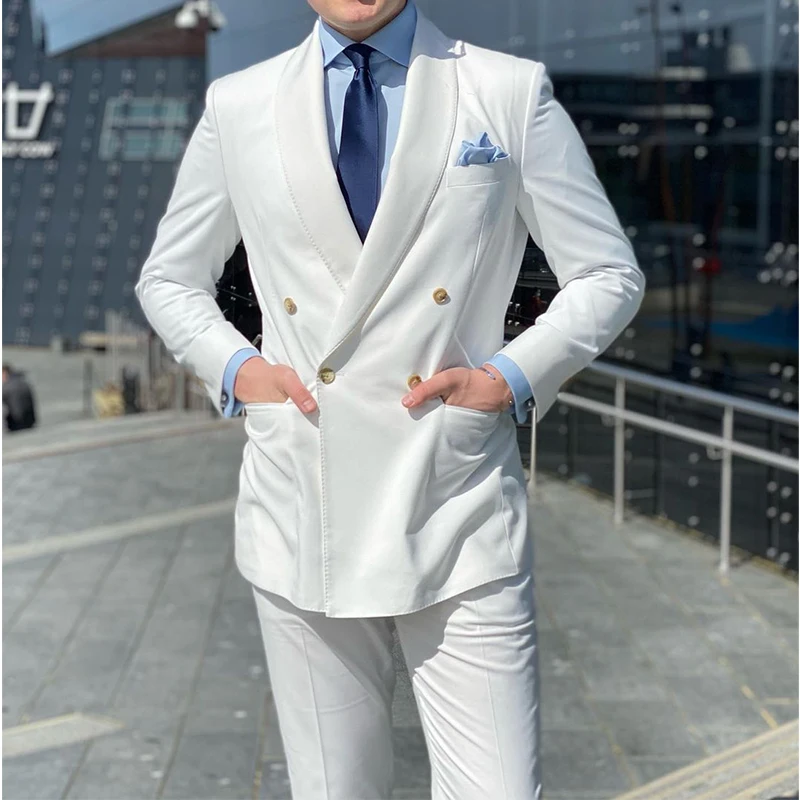

New White Men Suits Shawl Lapel Double Breasted Blazer Jacket Men Tuxedos Groom Wedding Suits costume homme mariage 2 Piece