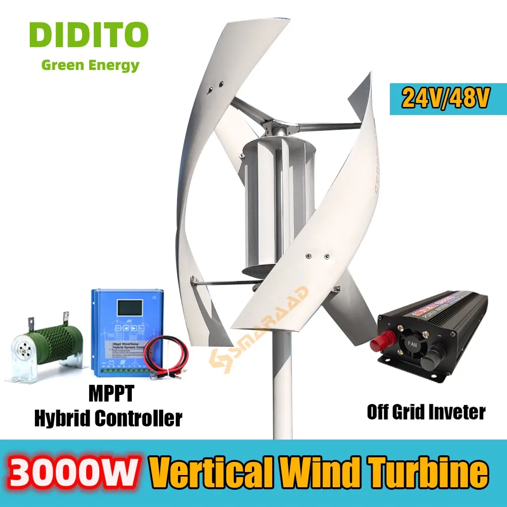 DIDITO 3000W 2000W 수직 풍력 터빈 발전기, 24V 48V 풍차 태양열 발전기 220V MPPT 컨트롤러 가전